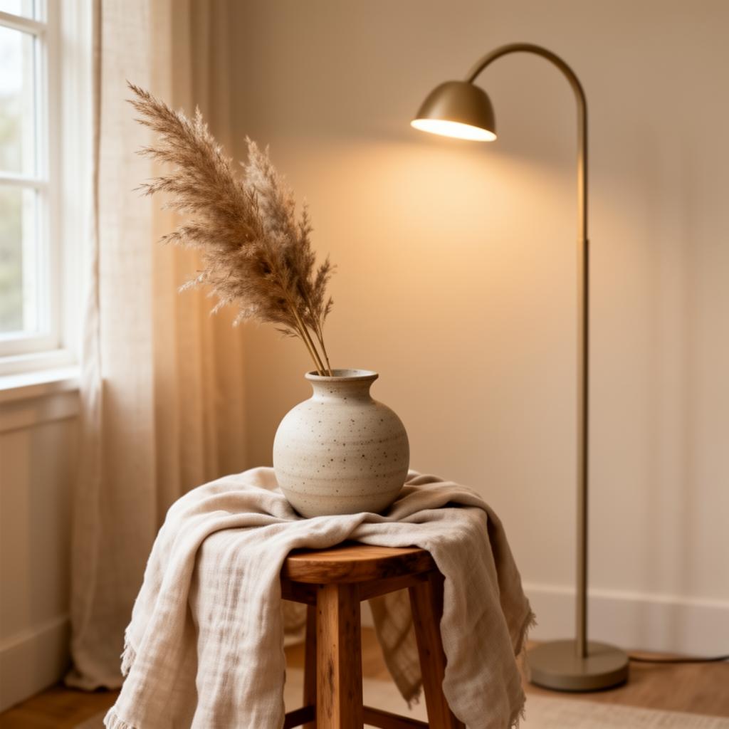 A stoneware vase with pampas grass on a wooden stool draped in linen, beside a warm arched floor lamp